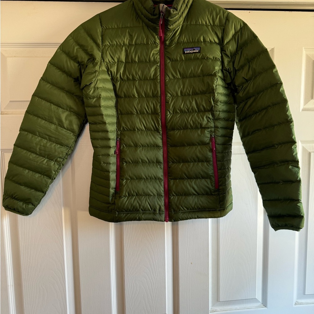 Green Puffer Jacket with Red Accents